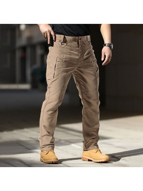 Pants for Men Cargo Waterproof Ripstop Work Pants Light Weight Relaxed Fit Utility Trousers Durable Waistband Hiking Trousers with Multi Pocket, Khaki L