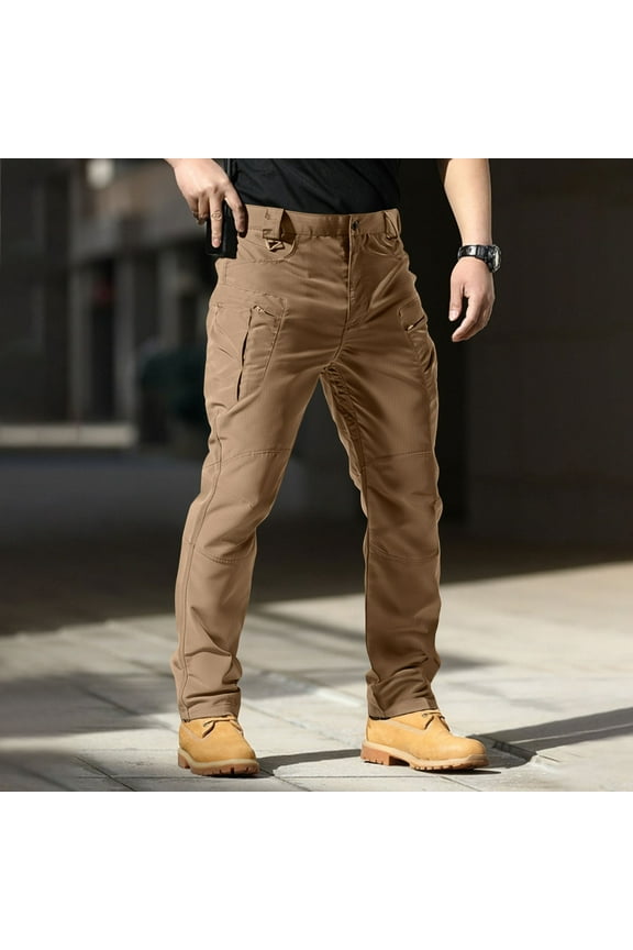 Pants for Men Water Resistant Rip Stop Cargo Trousers Utility Light Weight Relaxed Fit Cargo Pants Waistband Durable Trousers with Multi Pocket, Brown L