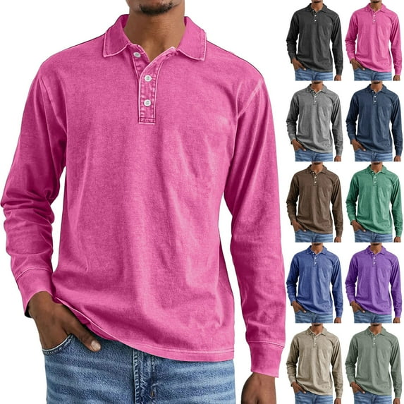 Zimjoy Pink Henley Shirts for Men Denim Western Long Sleeve Tops Casual V Neck Washed Button Up Shirt Turn Down Collar Lightweight Fall Shirt Muscle Gym, Pink XL