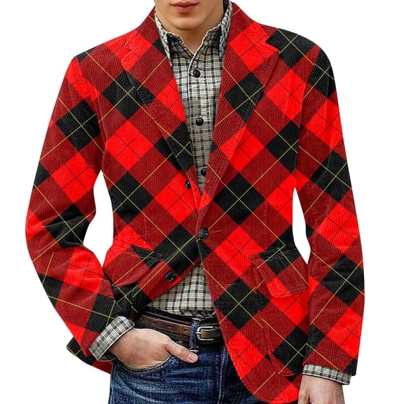 Zimjoy Plaid Blazer for Men One Button Vintage Corduroy Suit Jacket Slim Fit Casual Checkered Blazer Daily Wearing Sport Coats Business Office Work Blazers Jackets, Red M