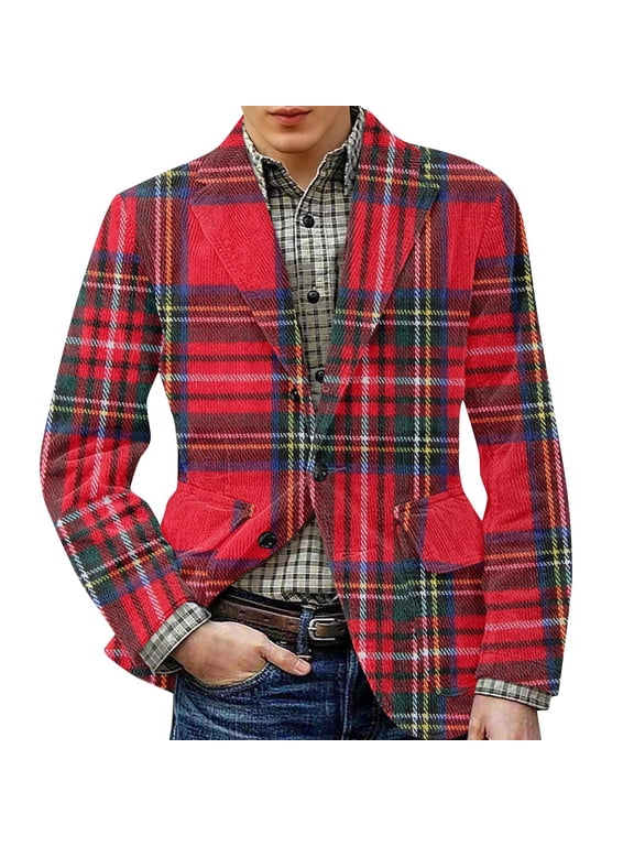 Plaid Sport Coats for Men Casual Slim Fit Corduroy Suit Jacket Vintage One Button Checkered Blazer Business Office Work Blazers Jackets Birthday Party Sport Coats, Red 2XL