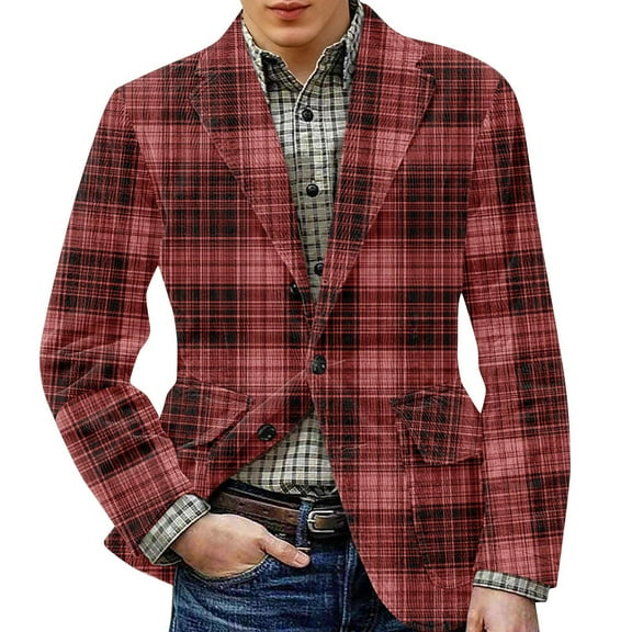 Zimjoy Plaid Sport Coats for Men Casual Slim Fit Corduroy Suit Jacket Vintage One Button Checkered Blazer Business Office Work Blazers Jackets Dinner Party Sport Coats, Wine M