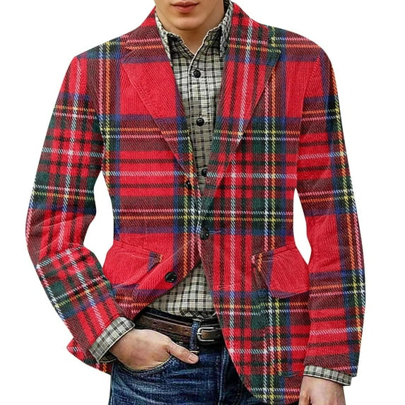 Zimjoy Plaid Sport Coats for Men One Button Vintage Corduroy Suit Jacket Slim Fit Casual Checkered Blazer Daily Wearing Sport Coats Work Office Business Blazers Jackets, Red M