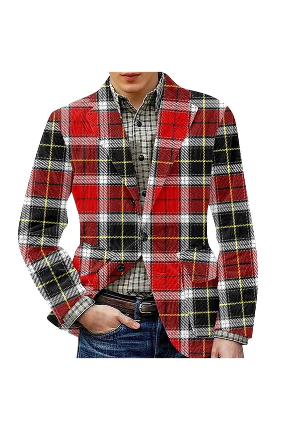 Plaid Suit Jackets for Men Casual Slim Fit Corduroy Suit Jacket Vintage One Button Checkered Blazer Work Office Business Blazers Jackets Birthday Party Sport Coats, Red 3XL