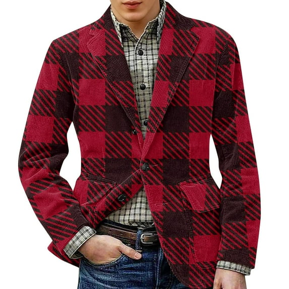 Zimjoy Plaid Suit Jackets for Men One Button Vintage Corduroy Suit Jacket Slim Fit Casual Checkered Blazer Birthday Party Sport Coats Work Office Business Blazers Jackets, Wine L