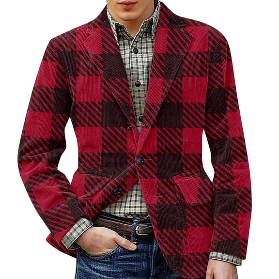 Zimjoy Plaid Suit Jackets for Men One Button Vintage Corduroy Suit Jacket Slim Fit Casual Checkered Blazer Birthday Party Sport Coats Work Office Business Blazers Jackets, Wine L