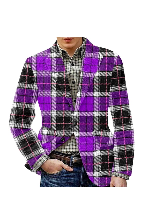 Plaid Suit Jackets for Men One Button Vintage Corduroy Suit Jacket Slim Fit Casual Checkered Blazer Dinner Party Sport Coats Work Office Business Blazers Jackets, Purple 2XL