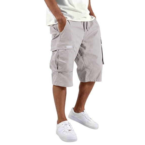 Zimjoy Plus Size Long Cotton Cargo Shorts for Men Elastic Waist Drawstring Below Knee Relaxed Fit Hiking Shorts, White L