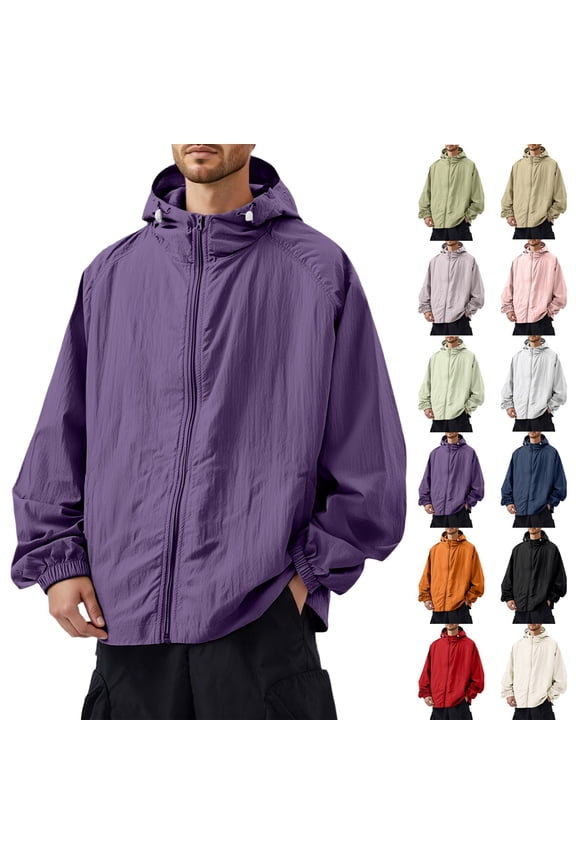 Purple Windbreaker Men Casual Plus Size UV 50+ Protection Hoodie Jackets Lightweight Hooded Windbreaker Jacket with Pocket Fishing Hiking Clothing, Purple 2XL