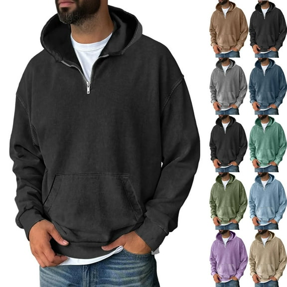 Zimjoy Quarter Zip Hoodie Men Casual Long Sleeve Mens Quarter Zip Pullover Drop Shoulder Fashion Distressed Acid Wash Sweatshirt Winter Lightweight Hooded Sweatshirt with Pockets, Black L