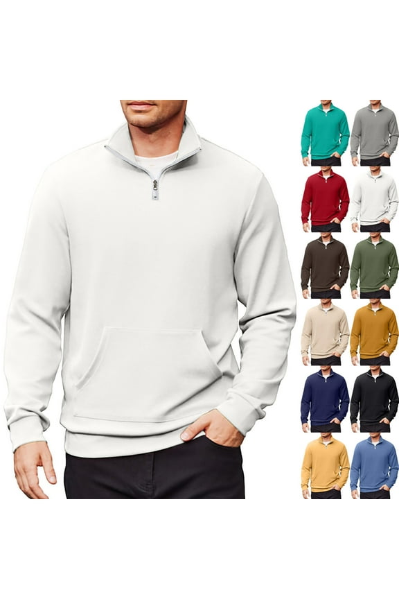 Quarter Zip Pullover Men Long Sleeve Collared 1/4 Zipper Pullover Casual Mens Shirts Pocket Sweatshirt Lightweight Dress Clothes Men, White 2XL