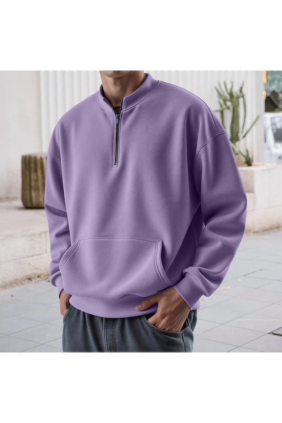 Quarter Zip Pullover Men Long Sleeve Mock Neck Purple Sweatshirt Casual 1/4 Zipper Pullover Fall Lightweight Mens Hoodie, Purple L
