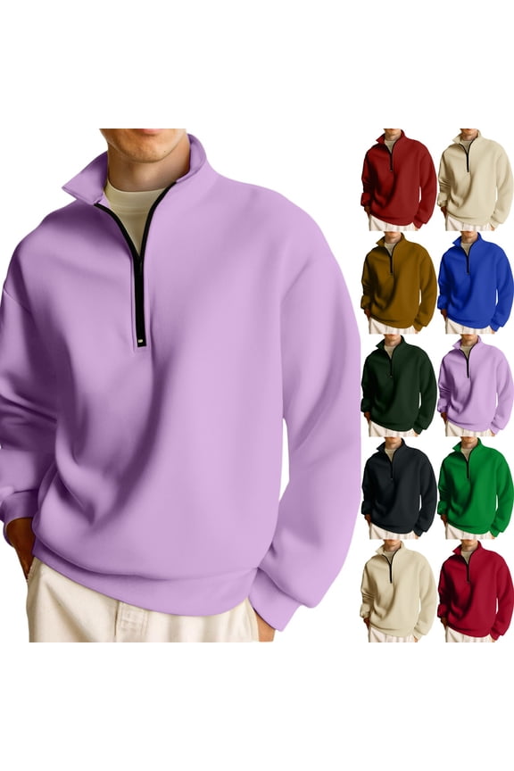 Quarter Zip Pullover Men Mock Neck Long Sleeve 1/4 Zip Pullover Mens Casual Purple Zip Up Hoodie Lightweight Winter Mens Hoodie, Light Purple 3XL