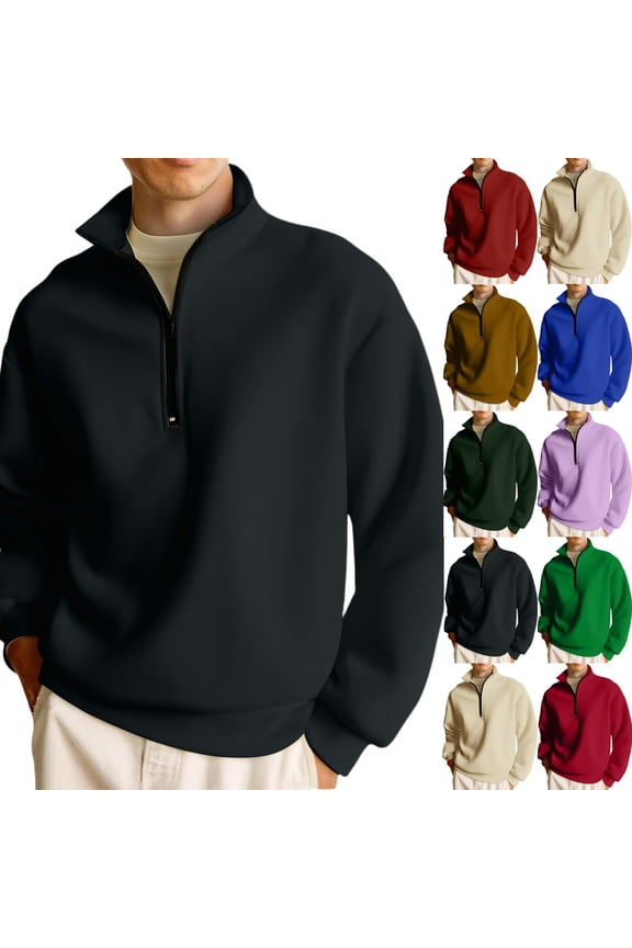 Quarter Zip Pullover Men Mock Neck Long Sleeve 1/4 Zipper Pullover Casual Sweat Shirt Lightweight Black Zip Up Hoodie Fall Clothes, Black M