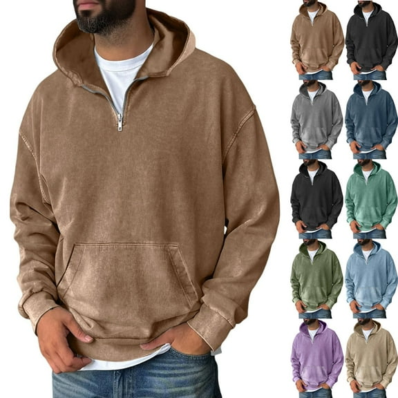 Zimjoy Quarter Zip Pullover Men Vintage Distressed Acid Wash Sweatshirt Winter Hoodie Men Graphic Drop Shoulder Long Sleeve Casual Lightweight Men's Sweatshirt with Pockets, Coffee L