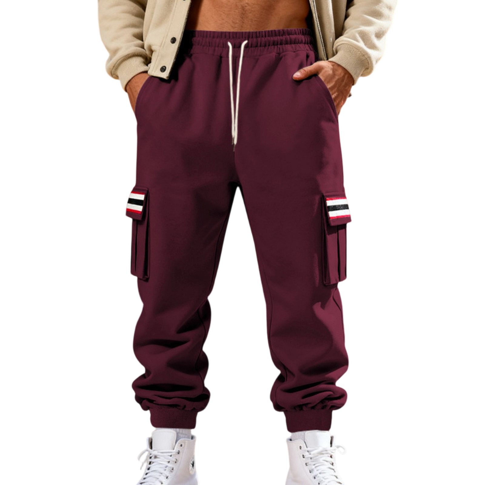 Zimjoy Red Cargo Sweatpants for Men Winter Sherpa Lined Wide Leg Sweat ...