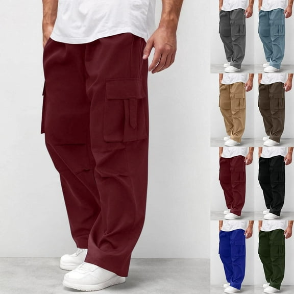 Zimjoy Red Sweatpants for Men Athletic Breathable Elastic Tactical Pants Men with Multi-Pockets Drawstring Big and Tall Work Pants Lightweight Cool Cotton Pant, Deep Red L