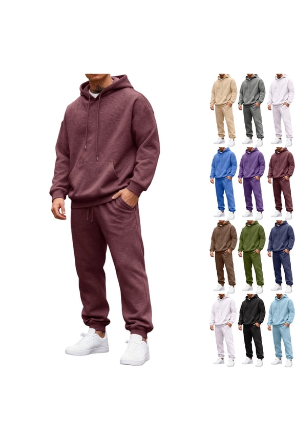 Red Track Suits Mens Athletic Men Sweatsuits Sets Sherpa Lined Hooded Sweatshirt and Cargo Sweatpant Casual Winter Jogging Suit with Pockets, Wine L