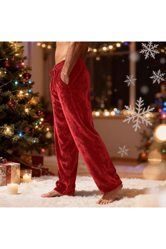 Sleep Bottoms Men Casual Thermal Lounge Bottoms Fluffy Velvet Pajama Pant Warm Christmas Lounge Pants, Red S