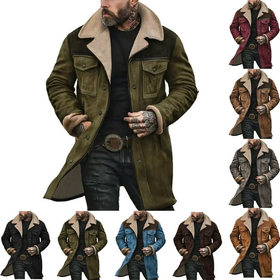 Zimjoy Suede Jacket for Men Vintage Regular Fit Double-Breasted Trench Coats Windproof Lapel Collar Wool-Blend Green Peacoats Casual Long Trench Coats Warm Winter Overcoat, Army Green S