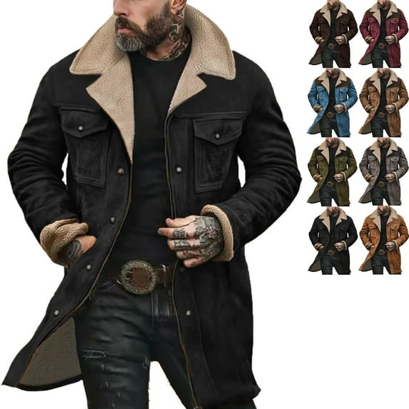 Zimjoy Suede Jacket for Men Vintage Regular Fit Double-Breasted Trench Coats Windproof Lapel Collar Wool-Blend Pea Coat Casual Long Trench Coats Thermal Winter Overcoat, Black L