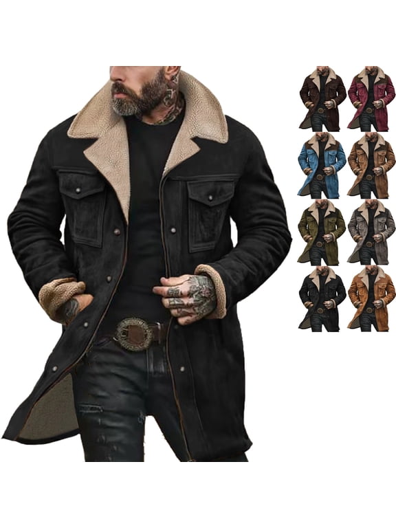 Suede Jacket for Men Vintage Regular Fit Double-Breasted Trench Coats Windproof Lapel Collar Wool-Blend Pea Coat Casual Long Trench Coats Thermal Winter Overcoat, Black L