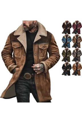 Suede Jacket for Men Vintage Slim Fit Double Breasted Trench Coats Windproof Lapel Collar Wool-Blend Brown Peacoats Casual Long Trench Coats Thermal Winter Jackets, Khaki S