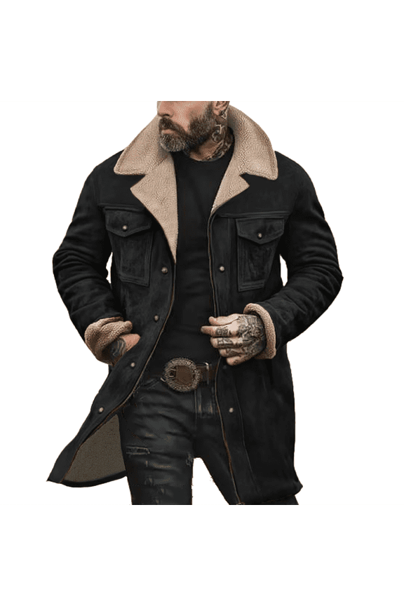 Suede Jacket for Men Western Regular Fit Double-Breasted Trench Coats Windproof Lapel Collar Wool Blend Pea Coat Casual Long Trench Coats Thermal Winter Jackets, Black S