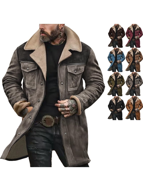 Suede Jacket for Men Western Slim Fit Double-Breasted Trench Coats Windproof Lapel Collar Wool-Blend Gray Peacoats Casual Long Trench Coats Warm Winter Jackets, Gray XL