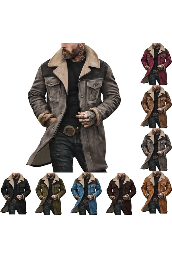 Suede Jacket for Men Western Slim Fit Double Breasted Trench Coats Windproof Lapel Collar Wool-Blend Gray Peacoats Casual Long Trench Coats Warm Winter Overcoat, Gray L