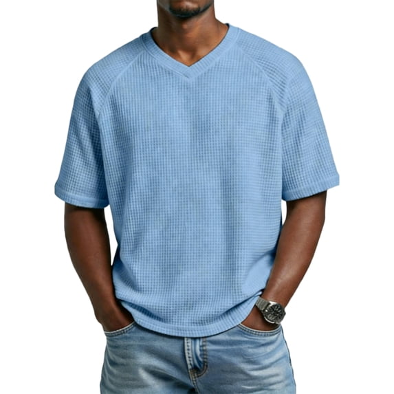 Zimjoy Summer Shirts for Men Waffle V Neck Short Sleeve T Shirts Loose Raglan Casual T-shirts, Sky Blue 2XL