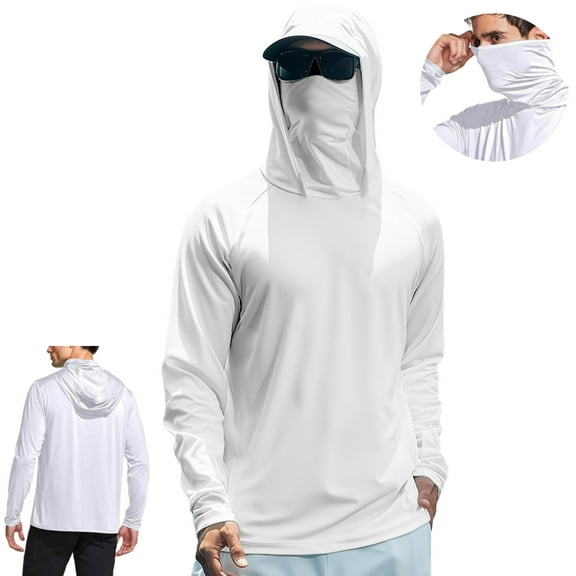 Zimjoy Sun Shirts for Men Sun Protection Shirts with Mask UPF 50 Rash Guards Cooling Hoodies Lightweight Long Sleeve Fishing Blouses, White L