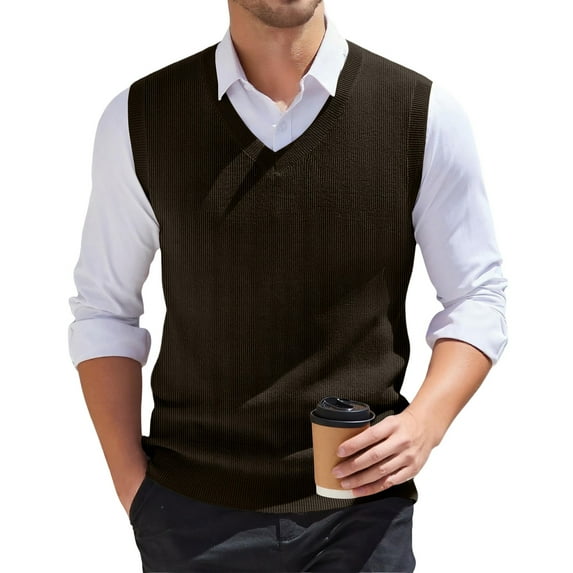 Zimjoy Sweater Vest Men Casual V Neck Knit Sweater Vest Big and Tall Sleeveless Mens Sweaters Basic Vintage Spring Sweater Vests, Brown 3XL