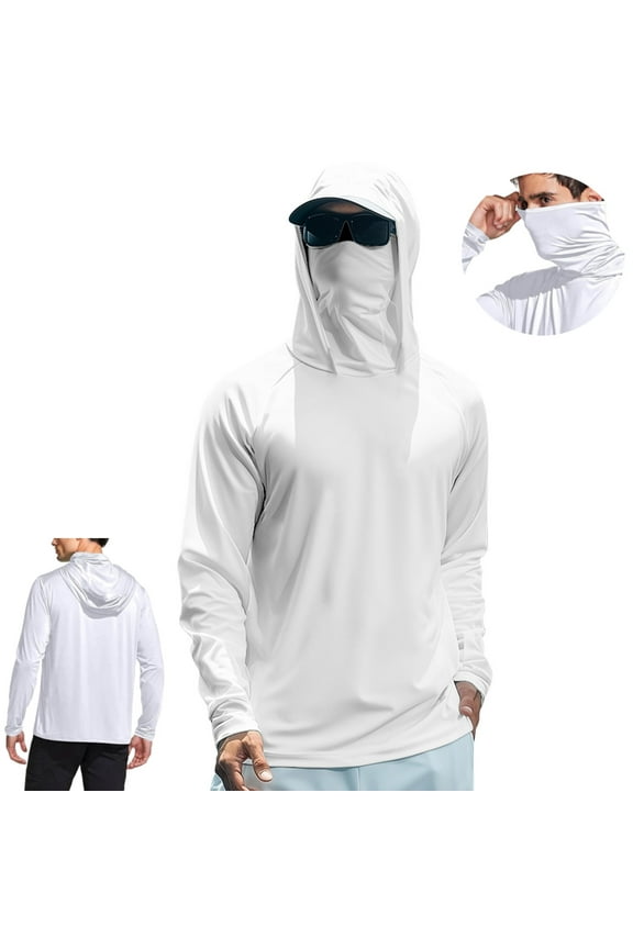 Swim Shirts for Men Sun Protection Hoodie Shirt UPF 50+ Long Sleeve UV SPF T-Shirts with Face Cover Rash Guard Fishing Lightweight Clothes, White XL