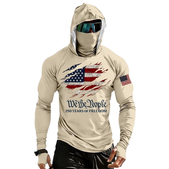 Zimjoy UPF 50+ Long Sleeve Mens Sun Protection Shirts Fishing Hoodies for Men with Face Mask UV Rash Guard Shirts Beige S