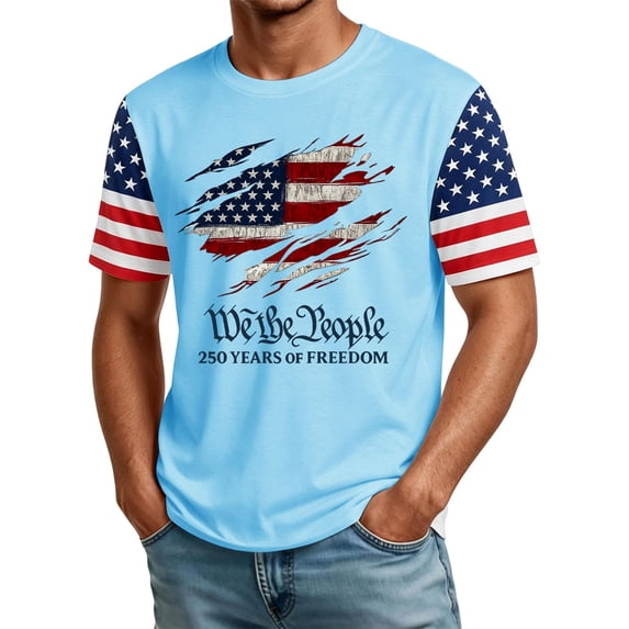 Zimjoy USA 250 Anniversary Shirts for Men USA Flag Spliced Short Sleeve Fourth of July Shirts Crew Neck Patriotic Independence Day T Shirt, Light Blue S
