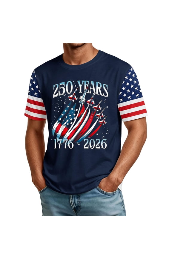 USA 250 Anniversary Shirts for Men American Flag Short Sleeve 4th of July Shirts Round Neck Patriotic Independence Day Tshirt, Navy XL