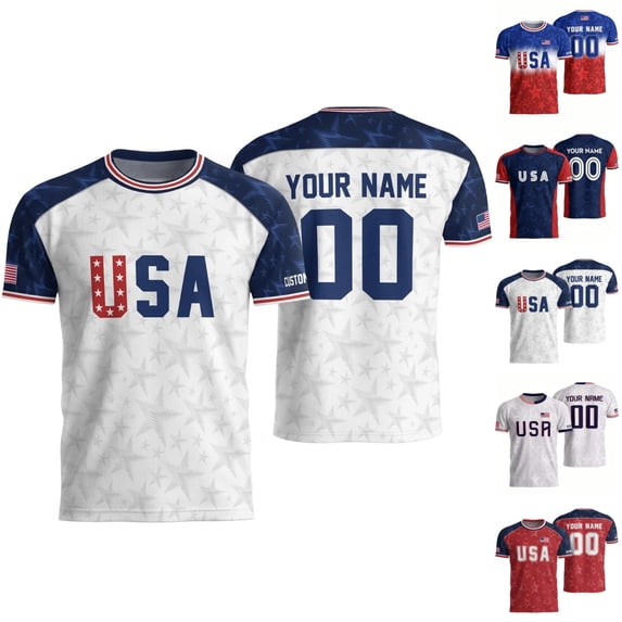 Zimjoy USA Soccer Jersey Men Custom Name Number Short Sleeve Personalized USA Jersey Shirts Patriotic Flag Football Fan Match Sports Shirt Dark Blue XL