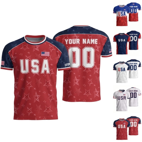 Zimjoy USA Soccer Jersey Men Custom Name Number Short Sleeve Personalized USA Jersey Shirts Patriotic Flag Football Fan Match Sports Shirt Red M