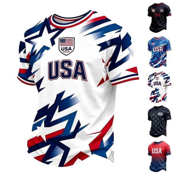Zimjoy USA Soccer Men's Shirts Crewneck Short Sleeve 2026 Country Team Tee Shirts Fan International Football Shirt Retro Streetwear Top Dark Blue L