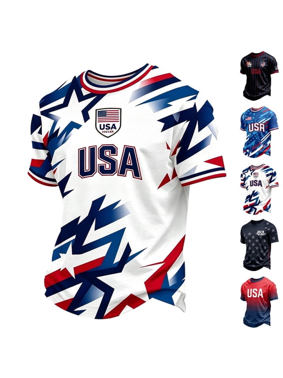 USA Soccer Men's Shirts Crewneck Short Sleeve 2026 Country Team Tee Shirts Fan International Football Shirt Retro Streetwear Top Dark Blue L