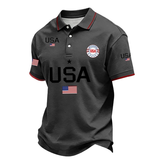 Zimjoy United States 250 Anniversary Men's 4th of July Shirts Short Sleeve Henley Neck Polo T Shirts Collared Patriotic Tshirts for Independence Day, Gray 3XL
