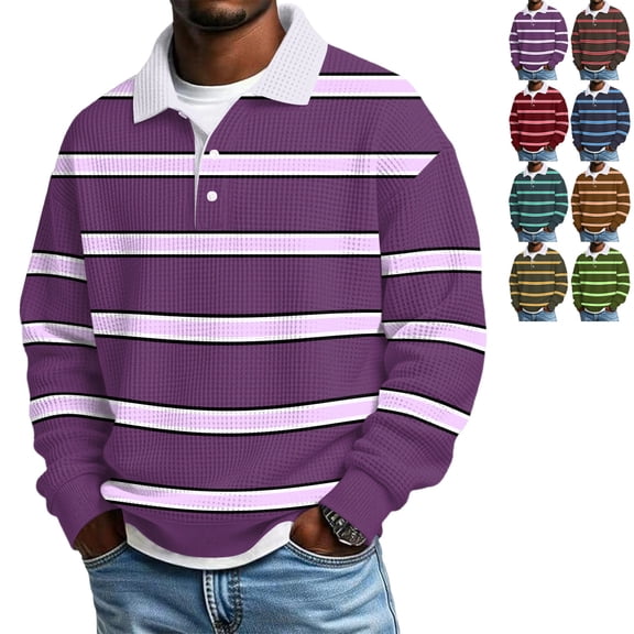 Zimjoy Waffle Henley Shirts for Men Casual Button Down Polo Shirt Big and Tall Long Sleeve Tshirts Striped Fall Pullover, Purple Pink 3XL