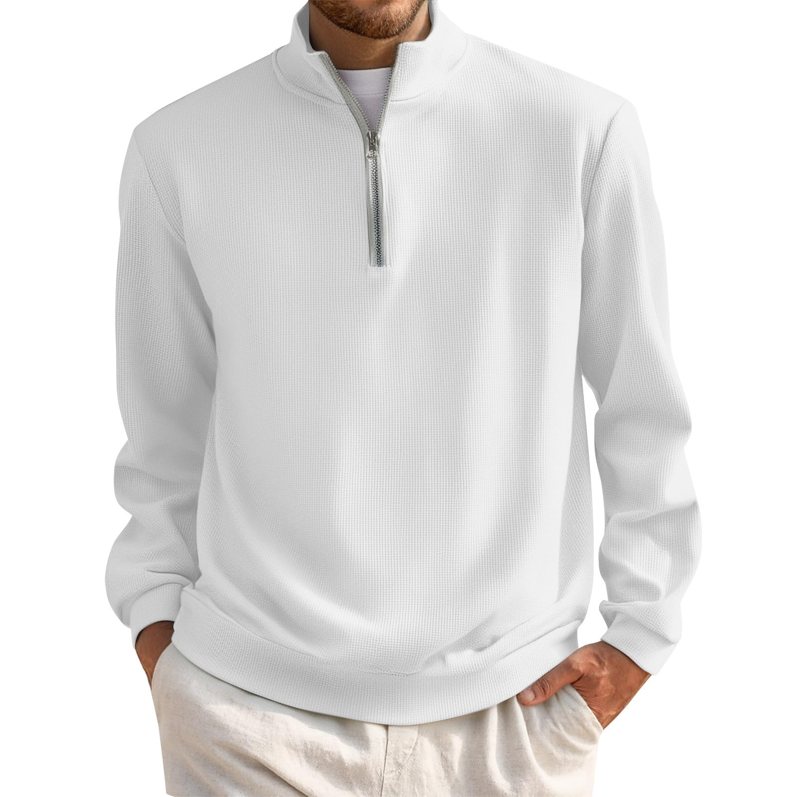 Zimjoy White Quarter Zipper Pullover Men Casual Long Sleeve 1/4