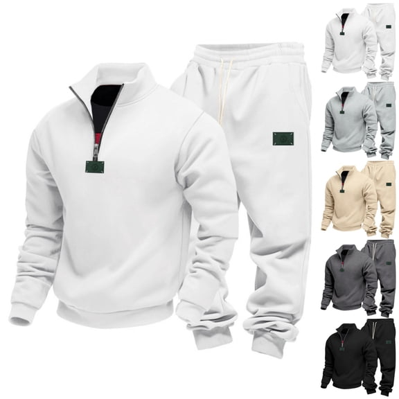 Zimjoy White Track Suits Mens Gym Sweatsuits for Men Set Fall Hoodie and Sweatpants Set Casual Outfits with Pockets, White M