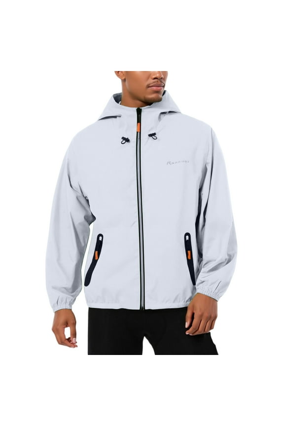 White Windbreaker Men Waterproof Lightweight Hooded Rain Jacket Athletic Big and Tall Hoodie Jackets with Zipper Pocket Fishing Hiking Clothing, White L