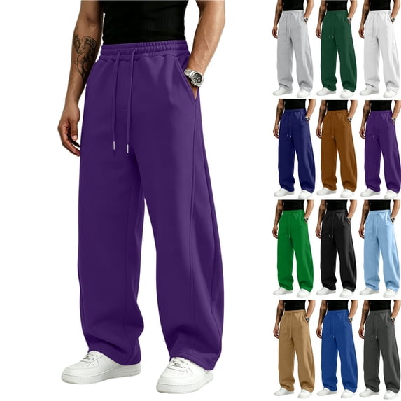 Zimjoy Wide Leg Sweatpants Men Baggy Fleece Loose Sweatpants with Pockets Drawstring Elastic Waist for Travel Running Athletic Dark Purple 3XL