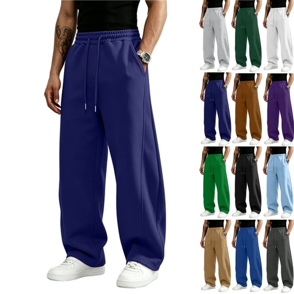Zimjoy Wide Leg Sweatpants Men Baggy Fleece Loose Sweatpants with Pockets Drawstring Elastic Waist for Travel Running Athletic Navy XL