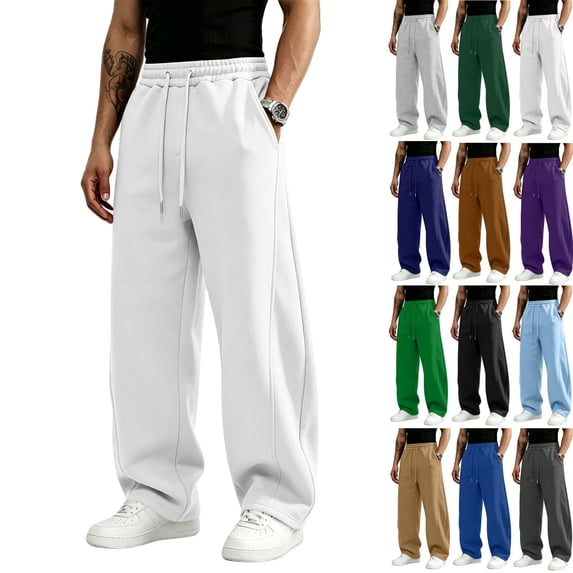 Zimjoy Wide Leg Sweatpants Men Baggy Fleece Loose Sweatpants with Pockets Drawstring Elastic Waist for Travel Running Athletic White 2XL