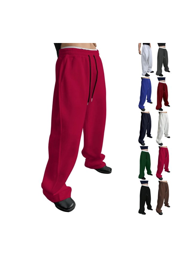 Wide Leg Sweatpants for Men Casual Elastic Waist Straight Leg Sweatpants Drawstring Fleece Sweatpant Loose Fit Lightweight Track Pants Yoga Workout Gym Jogger, Red M